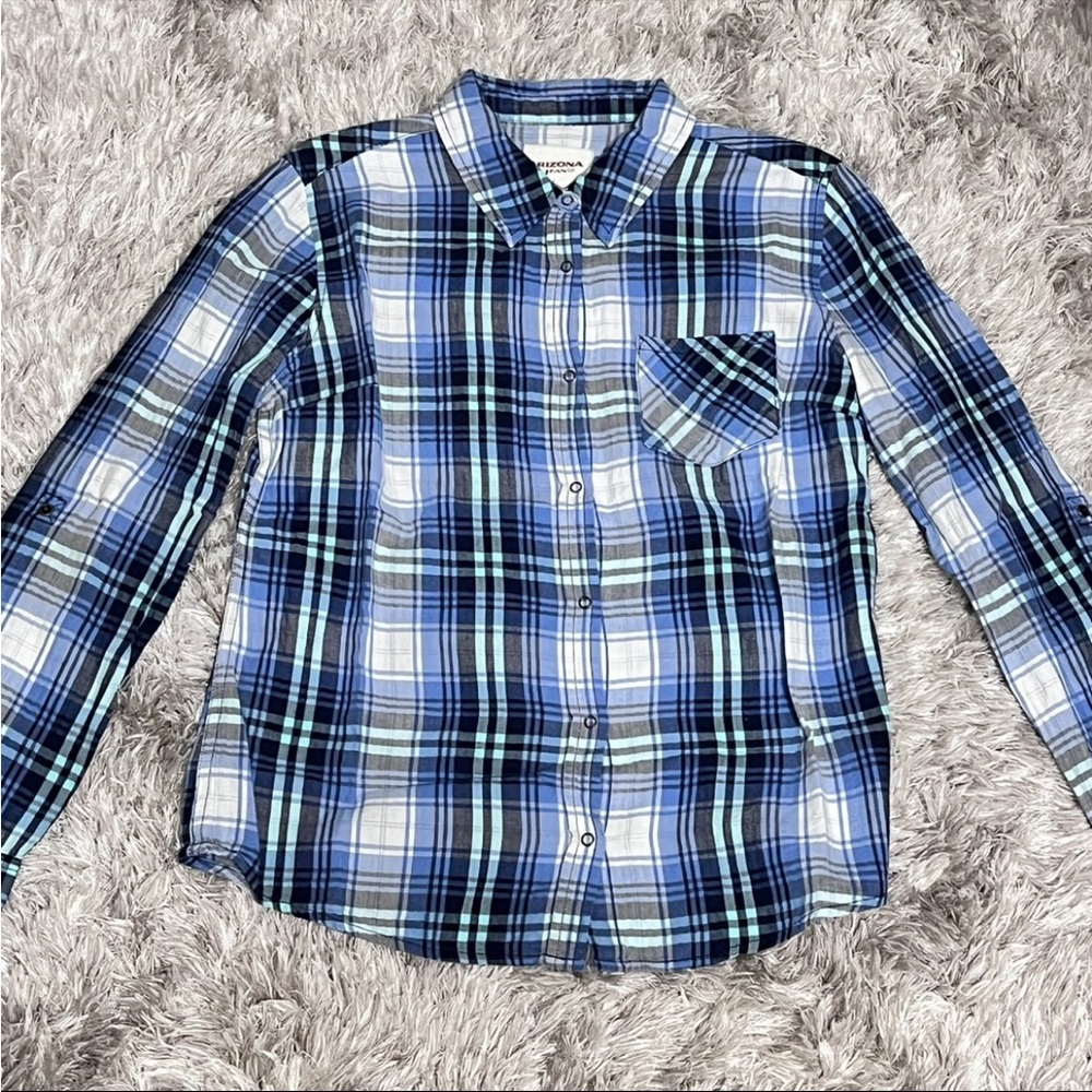 Arizona Jean Company Navy and Light Blue Plaid Shirt L